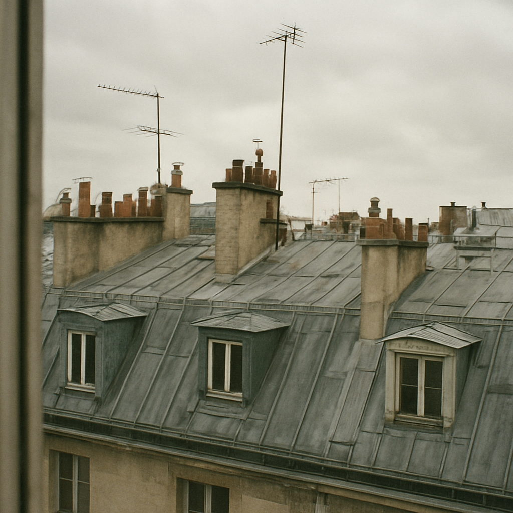 Toits en zinc d'immeubles haussmanniens parisiens au coucher du soleil